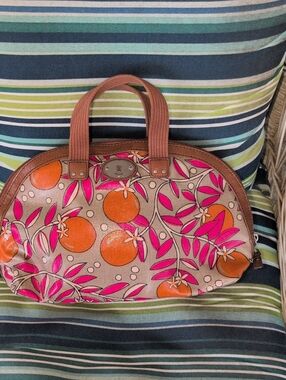 Fossil Pink & Orange Floral Dome Satchel with Brown Trim Vintage